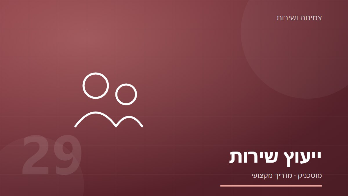 איור של שתי דמויות בשיחה עם מסמך, על רקע אדום־כתום כהה, עם הכיתוב ייעוץ שירות